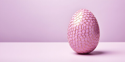 Single Easter egg in pink pastel color, isolated against a white background with copy space. The egg has a mosaic texture that creates an atmosphere of creativity and modernity