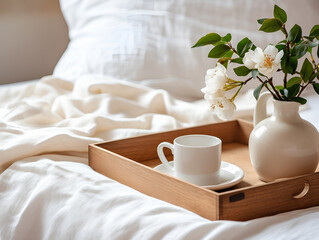 Fototapeta na wymiar Wooden tray with coffee and flowers on the bed on a background of white fabric