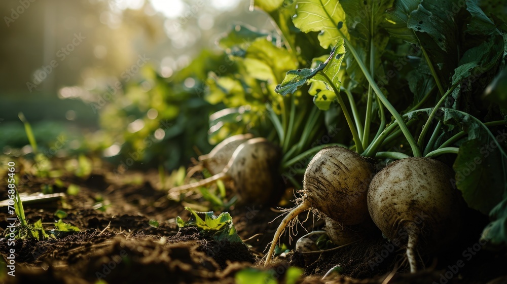 Poster a row of turnips growing in a garden. perfect for illustrating the process of growing vegetables and