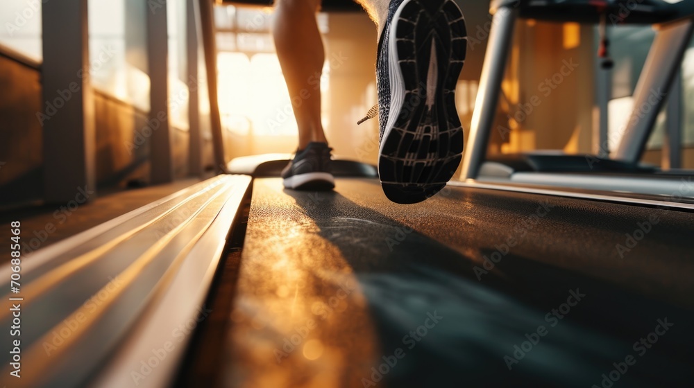 Aufkleber a close-up shot of a person running on a treadmill. perfect for fitness and exercise-related project