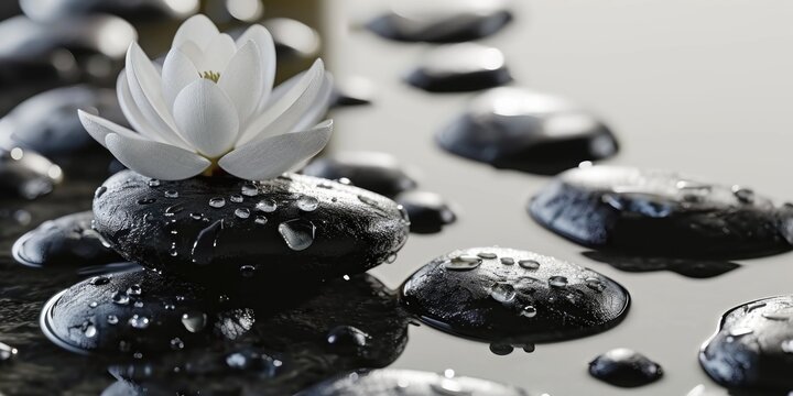 A white flower delicately placed on a stack of black rocks. This image can be used to symbolize contrast, beauty in unexpected places, or the power of nature