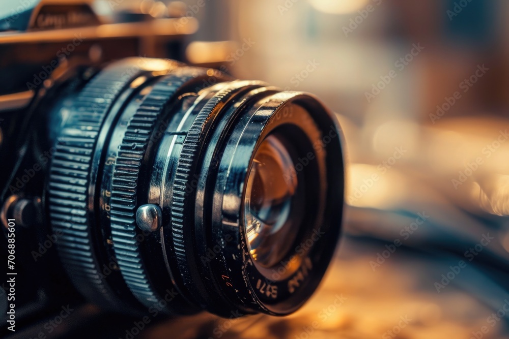Poster close-up view of a camera with a blurred background. ideal for showcasing photography equipment or c