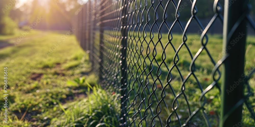 Aufkleber A chain link fence in a grassy field. Perfect for illustrating boundaries and security measures. Can be used in articles or websites about property, safety, or outdoor spaces