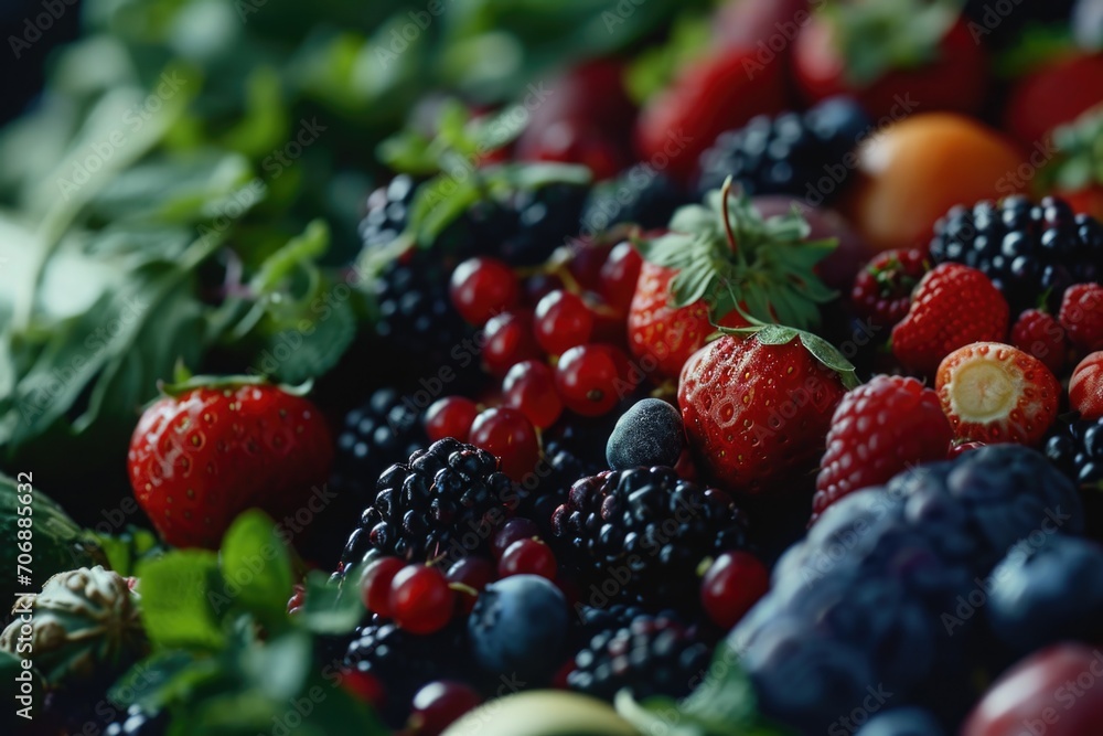 Poster a close-up view of a bunch of berries. this vibrant and colorful image is perfect for food-related p