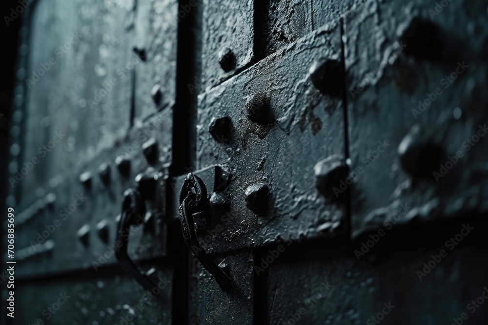 Poster a close-up view of a metal door with rivets. this versatile image can be used to depict security, in