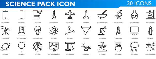 Science icon set. Containing mobile, thermometer, airplane, microscope, flash beaker, computer, compass, satelite, atom, telescope, planet, earth, pendulum and gravity. outline syle collection - obrazy, fototapety, plakaty