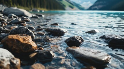 Fototapeta premium A picturesque scene of a river with rocks in the water, framed by majestic mountains in the background. Suitable for nature and landscape themes