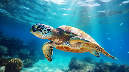 turtle swimming in the deep sea, underwater photography, beautiful, Generate AI.