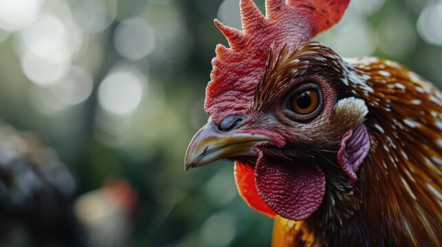A close-up view of a rooster's head with a blurry background. This image can be used to depict farm animals or to add a rustic touch to various design projects
