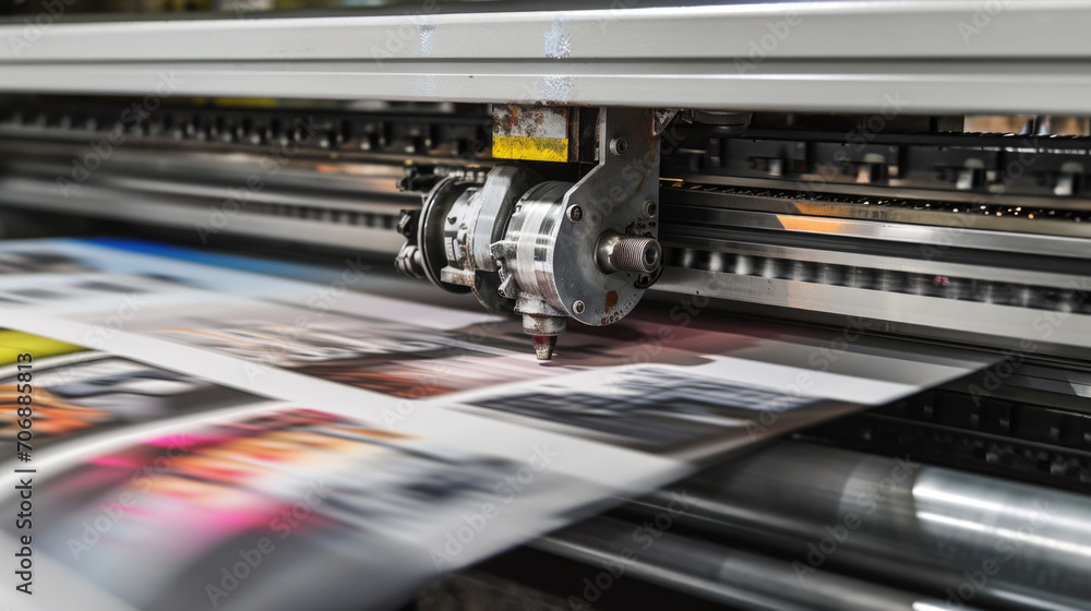 Poster A printing machine with a large print on its side. Suitable for various printing needs
