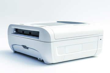 A white printer sitting on top of a white surface. Perfect for office or technology related designs