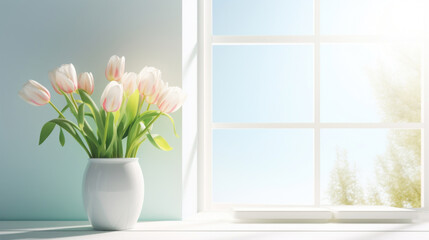 A tranquil scene with a vase of delicate pink tulips basking in the sunlight by a clear window with a blue sky view.