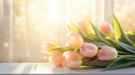 The warm glow of the morning sun illuminates soft pink tulips arranged on a wooden table, creating a cozy atmosphere.