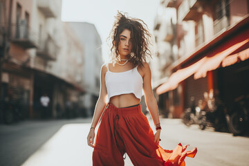 Young girl in modern style dancing on the city streets and looking at camera - obrazy, fototapety, plakaty
