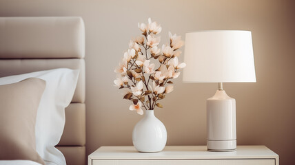 Nightstand with lamp and flowers in the bedroom. Home interior in Scandinavian style