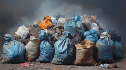 A stark collection of various colored garbage bags piled up, representing waste and environmental challenges.
