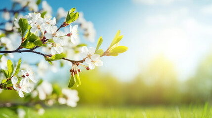 Fototapeta premium Delicate white blossoms on a branch signal the arrival of spring, set against a vivid blue sky with a warm sun glow.