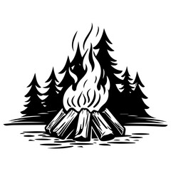 Burning bonfire with a large flame for camping, camping bonfire. Vector illustration of fire in sketch engraving style