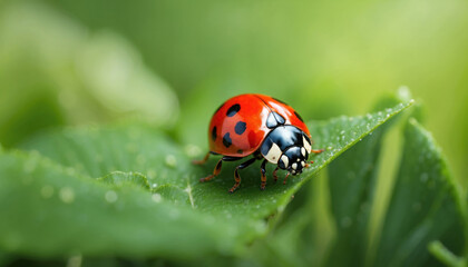 Ladybug on a green grass leaf. AI generated