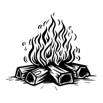 recommend clip art: Burning bonfire with a large flame for camping, camping bonfire. Vector illustration of fire in sketch engraving style