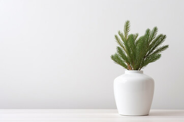 White vase on a white background with branches. Mockup table with vase. Spring mockup. White interior