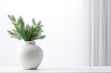 White vase on a white background with branches. Mockup table with vase. Spring mockup