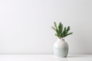 White vase on a white background with branches. Mockup table with vase