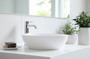 Fototapeta na wymiar Minimalistic white sink. Purity. Cleaning up for spring. Plants in the bathroom