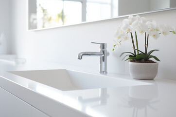 Fototapeta premium Minimalistic white sink. Purity. Cleaning up for spring. Plant