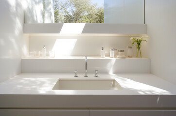 Fototapeta na wymiar Minimalistic white sink. Purity. Cleaning up for spring. Bathroom window