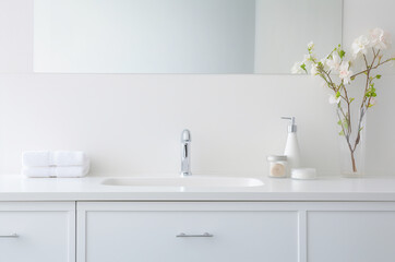 Minimalistic white sink. Bathroom design