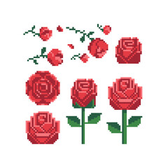 Roses pixel art 80s style beautiful flowers icons set. Red rose icon isolated vector illustration. Design for stickers, logo shop, embroidery, mobile app. 8-bit.