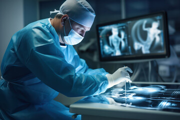 Orthopedic surgeon examining an elbow joint x-ray - obrazy, fototapety, plakaty