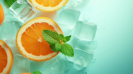 Vibrant orange slices surrounded by melting ice cubes and fresh mint leaves on a refreshing aqua background.