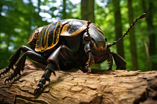 
Photo of a massive Goliath beetle crawling on an old tree trunk, showcasing its powerful mandibles