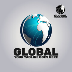 global media logo template , global tech logo template. a globe with world map on it and communication lines around the world