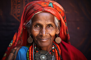 Close-up portrait of an elderly Indian woman with traditional clothes who is going to puja