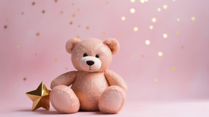 A charming, sparkling teddy bear accompanied by a shiny gold star, set against a soft pink background with glitter.