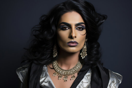 Portrait photo of a young transgender Hijra man in modern women's fusion wear, blending traditional and contemporary styles