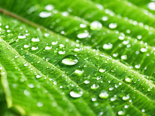 Water drops on green leaf macro close up. Natural background.