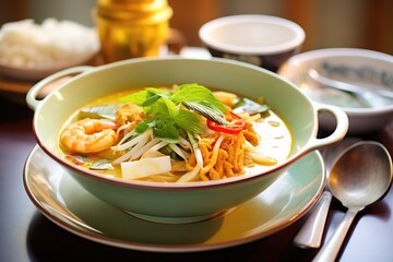 laksa soup with prawns, tofu, and bean sprouts in a bowl