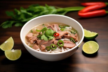 pho bowl with beef slices, herbs, and lime wedge