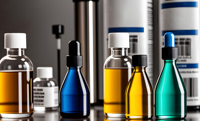 Pharmacy medicines droppers and medicine bottles in pharmaceutical laboratory 