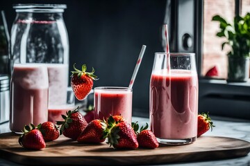 a strawberry yogurt drink in front of a fridge filled with fruits - Powered by Adobe
