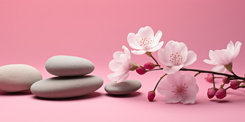 Fototapeta na wymiar White stones with blossom flowers, Beautiful pink flowers on Spa hot stones on water wet background.