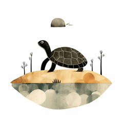 turtle in the water illustration vector illustration, stamp look, in the style of jon klassen, george ault, white background, richard serra, mid-century illustration