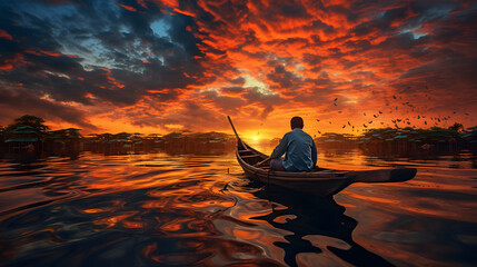 Asian man sitting in a small boat in the river To watch the sunset in the evening. The atmosphere...