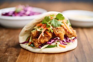 Fototapeta premium bao bun with crispy chicken and slaw topping