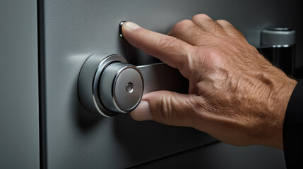 The image portrays heightened security as hands are seen interacting with the complex lock system of a vault safe door. Concept of security and confidentiality. - obrazy, fototapety, plakaty