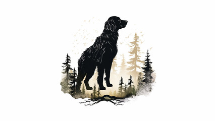silhouette illustration dog and cedar with white background full detail whole body logo cute